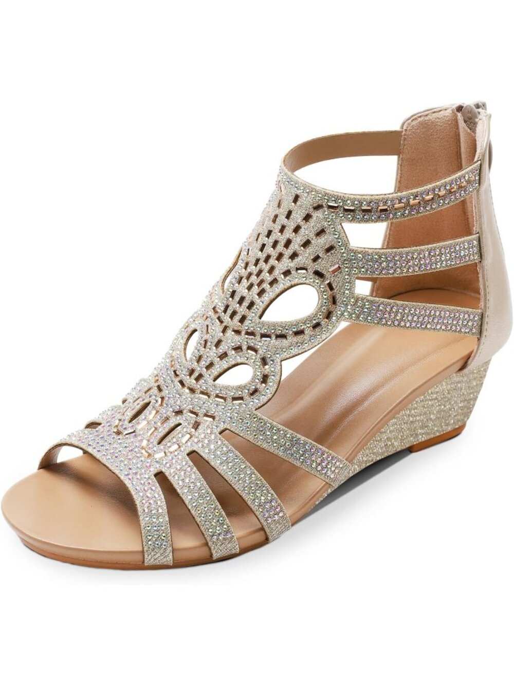 Women's Rhinestone Slide Wedge Sandal Open Toe High Heel Zipper Back Platform
